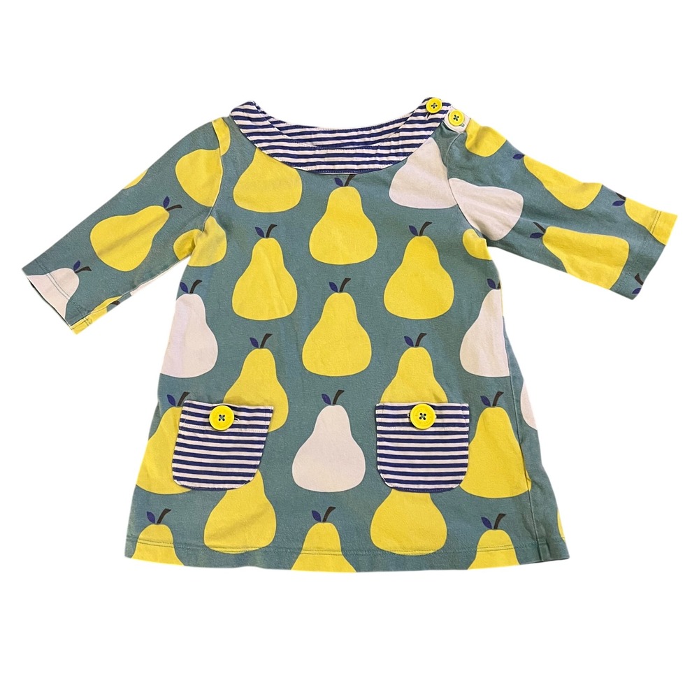 Mini Boden 3-4Y Girls Teal Blue Yellow Pear Print Tunic Dress Striped Pocket